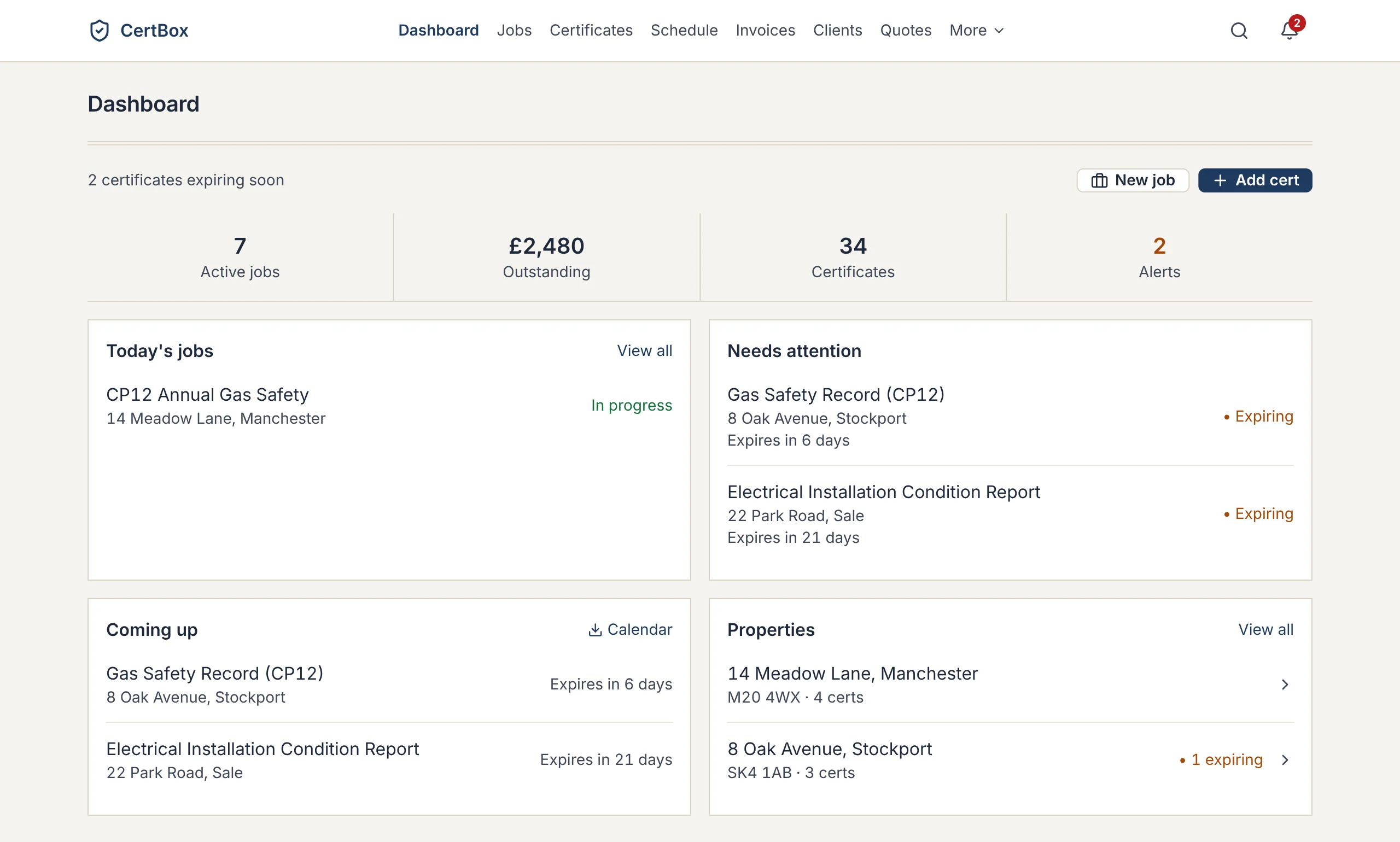 The CertBox dashboard, showing jobs, outstanding invoices, certificates and properties on one screen