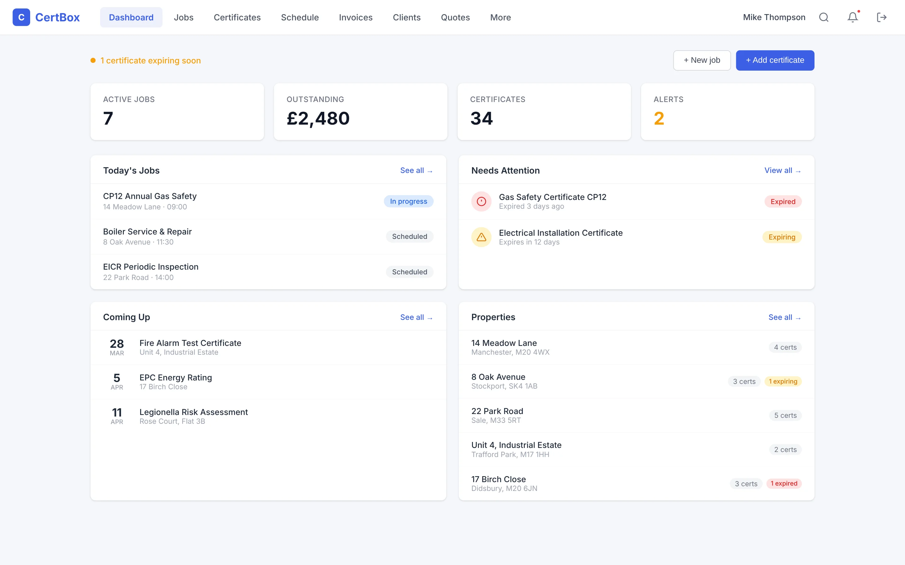 CertBox dashboard showing active jobs, outstanding invoices, and certificates
