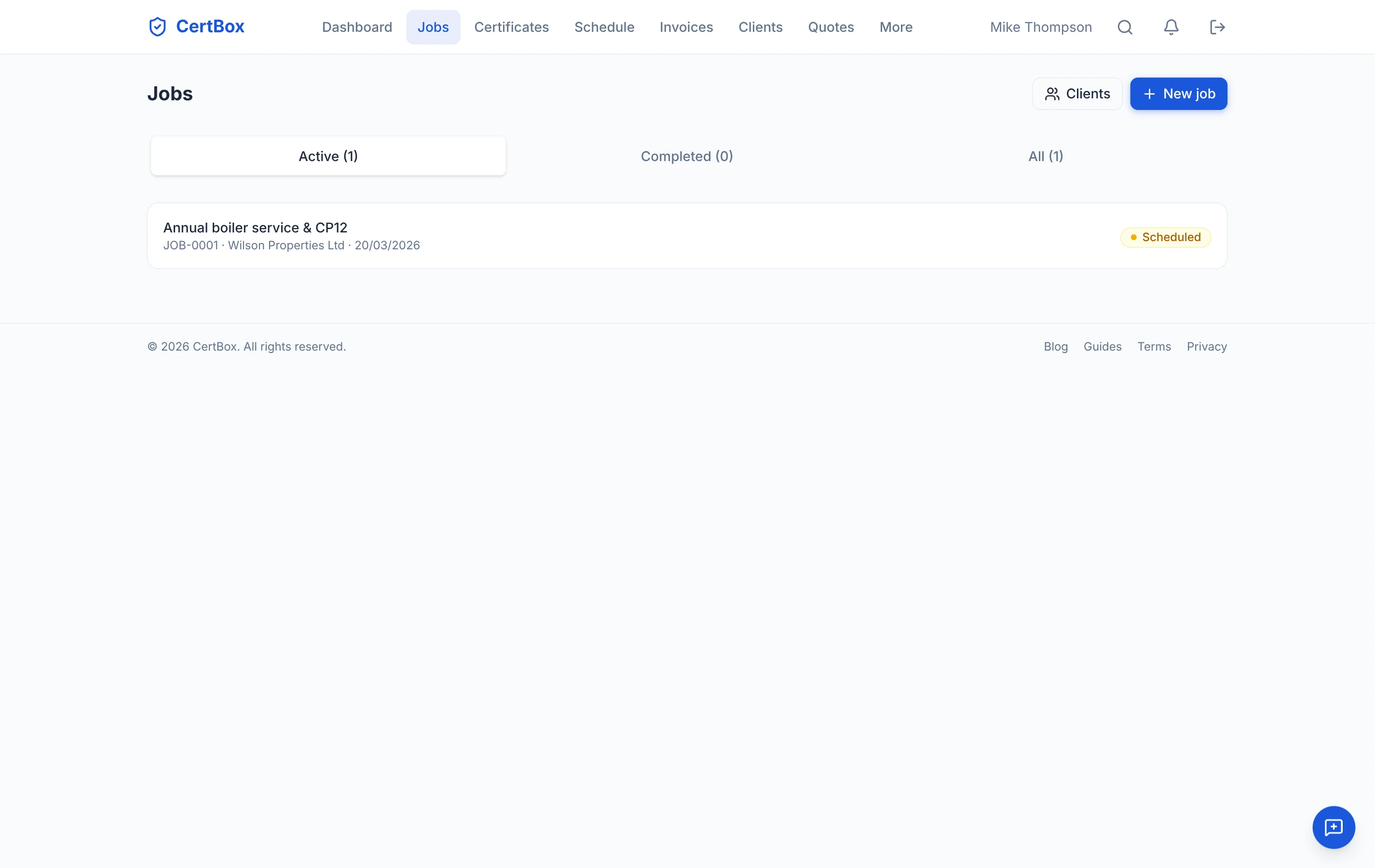 CertBox jobs list showing scheduled plumbing work