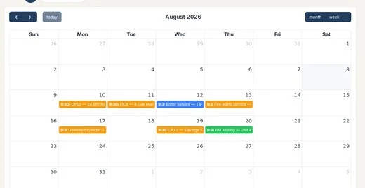 The CertBox schedule — a month of jobs, colour-coded by status