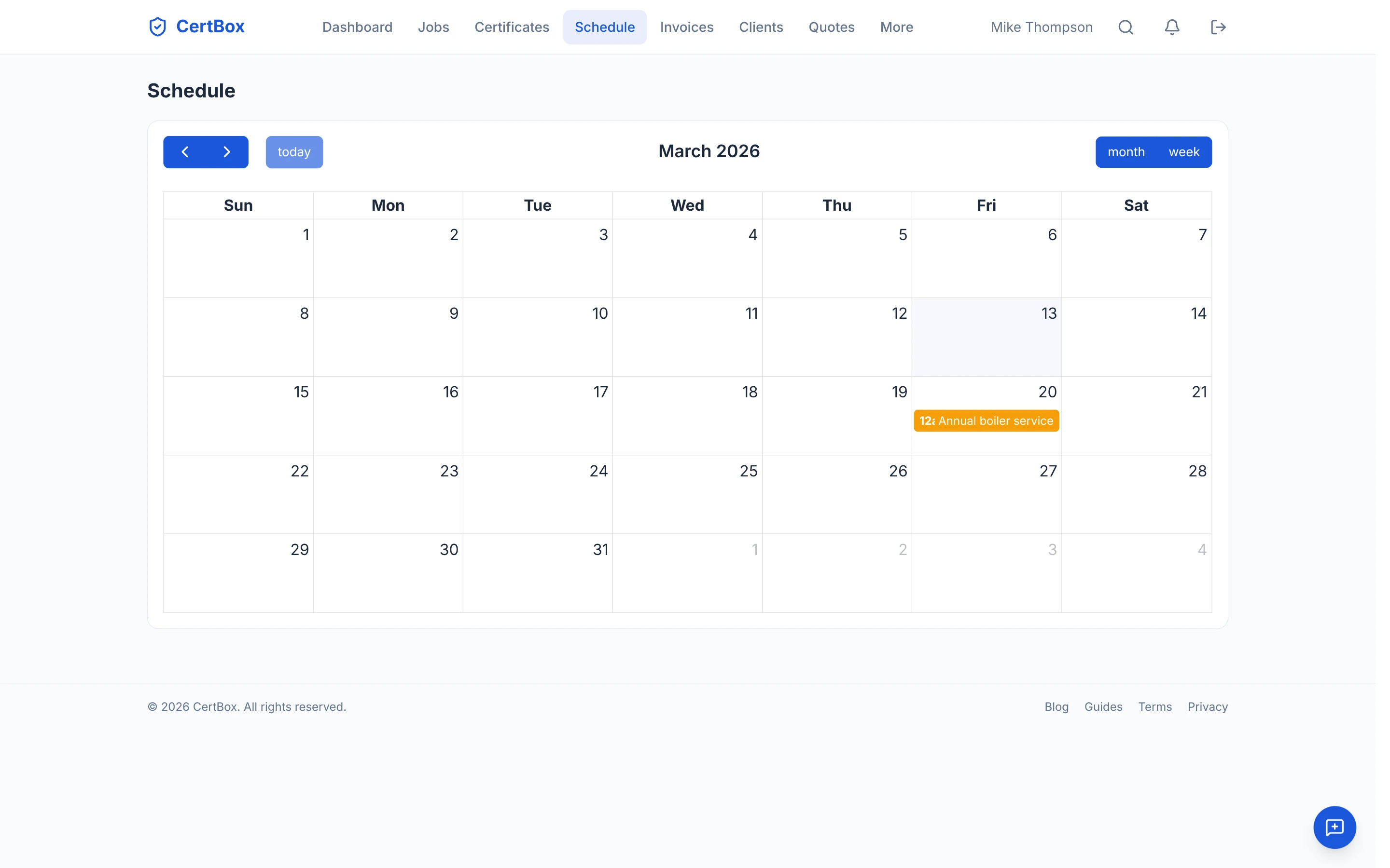 CertBox schedule showing fire safety inspection appointments