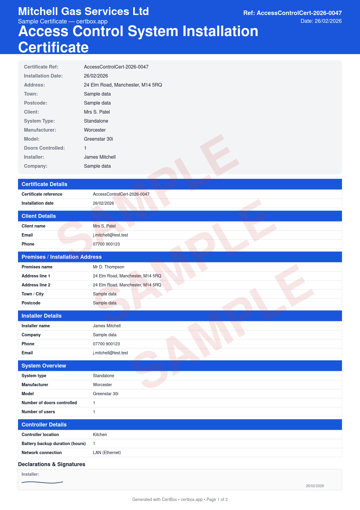 Sample Access Control System Installation Certificate certificate created with CertBox, showing the professional PDF layout with controller and reader specifications, door hardware and lock types, credential type (card, fob, biometric, pin)