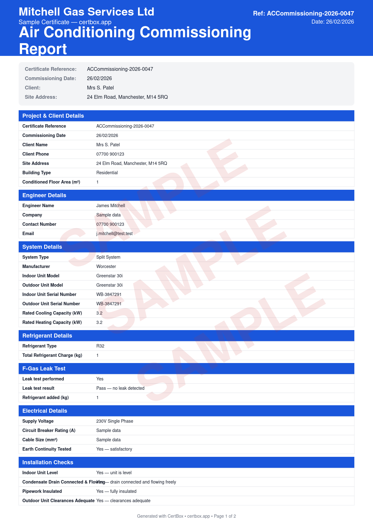 Sample Air Conditioning Commissioning Report certificate created with CertBox, showing the professional PDF layout with supply and return air temperatures, airflow rates at each terminal, refrigerant pressures and temperatures