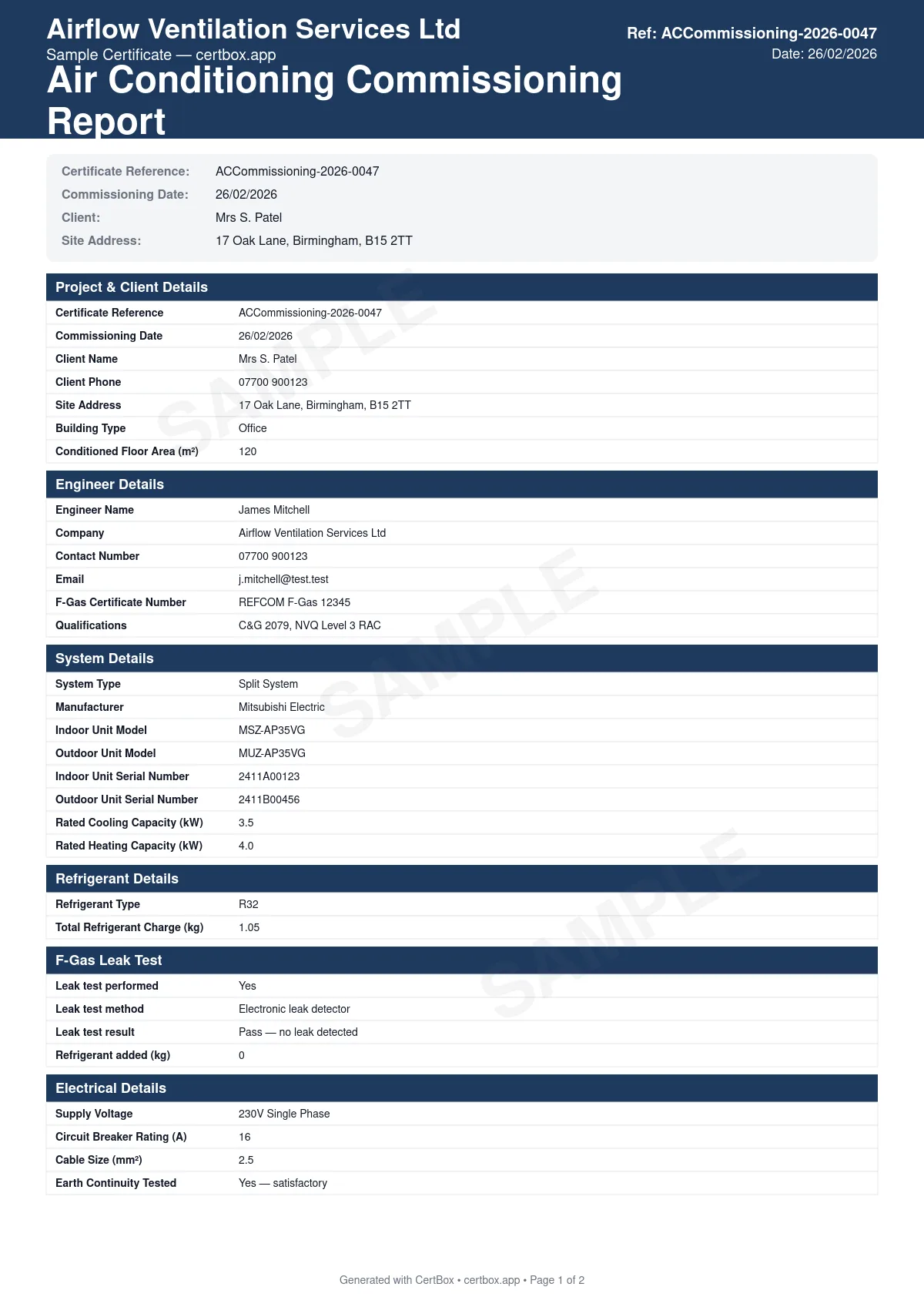 Sample Air Conditioning Commissioning Report certificate created with CertBox, showing the professional PDF layout with supply and return air temperatures, airflow rates at each terminal, refrigerant pressures and temperatures
