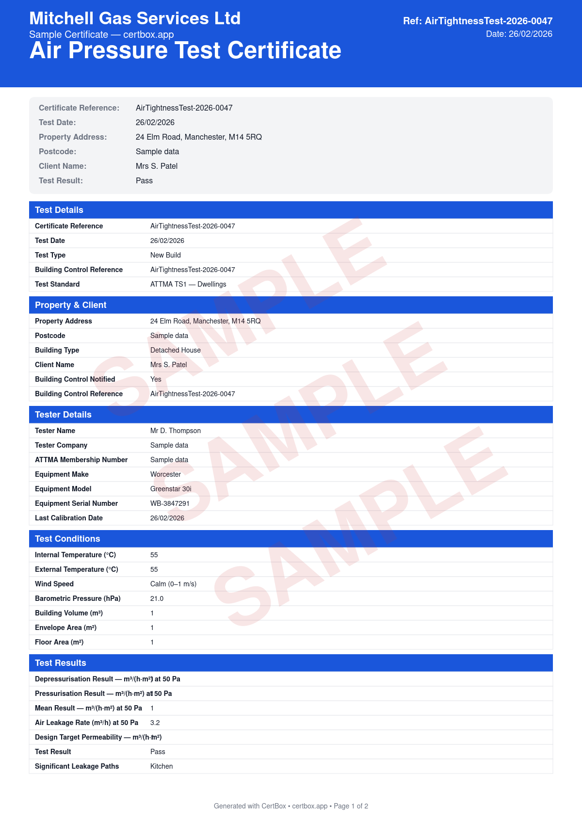 Sample Air Pressure Test Certificate certificate created with CertBox, showing the professional PDF layout with building measurements (floor area, envelope area, volume), test method and equipment details, air permeability result at 50 pa