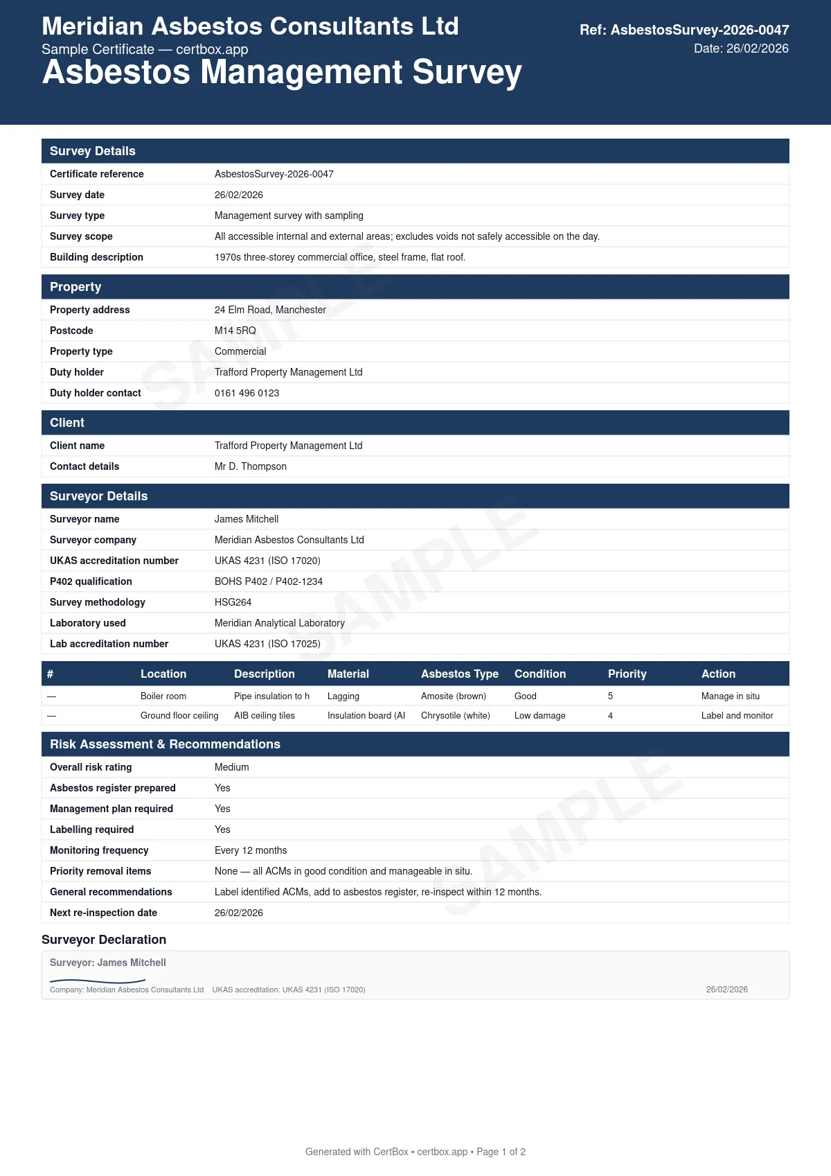 Sample Asbestos Management Survey certificate created with CertBox, showing the professional PDF layout with acm identification and sampling, material assessment (condition, accessibility), risk ratings for each acm found