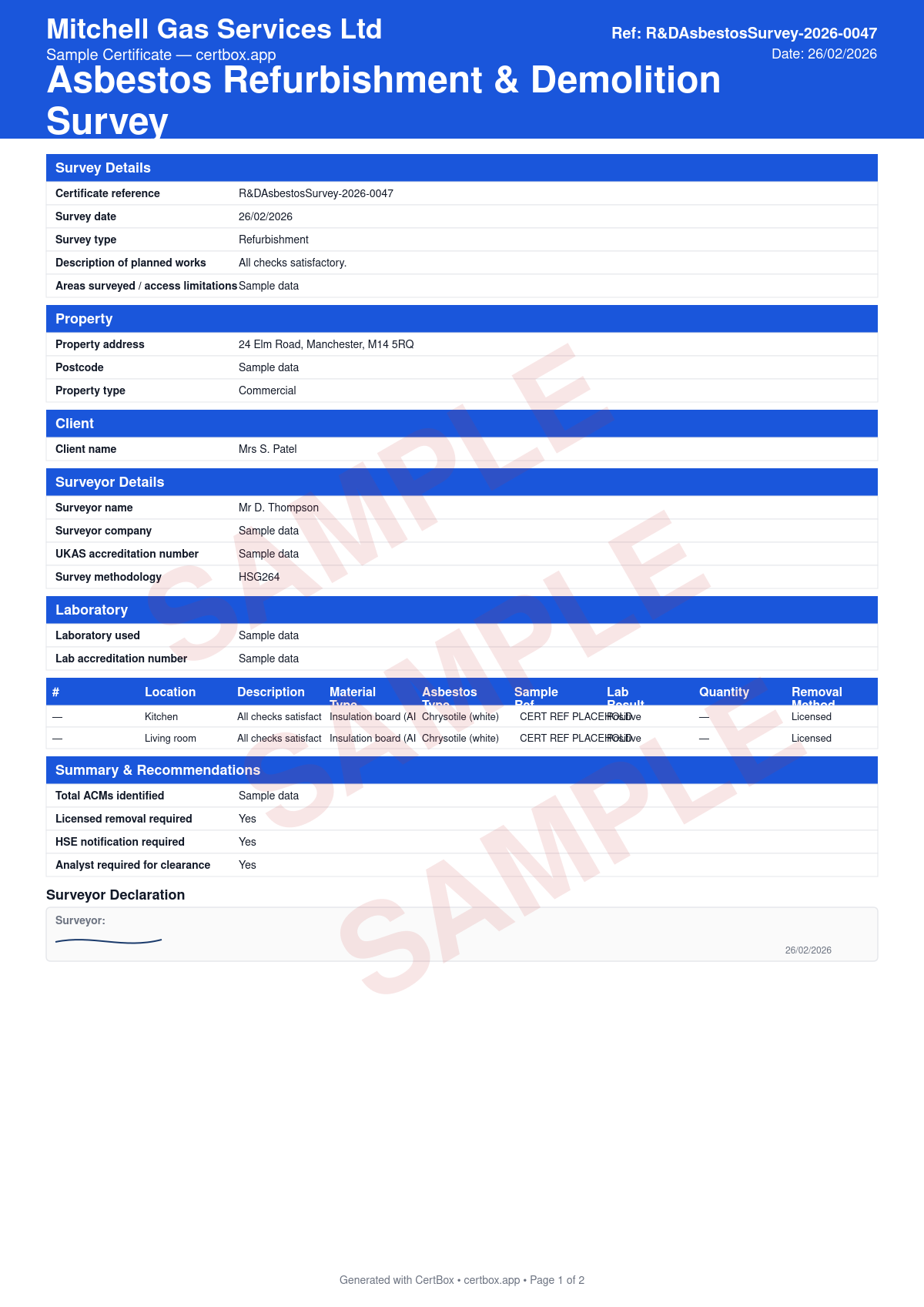 Sample Asbestos Refurbishment/Demolition Survey certificate created with CertBox, showing the professional PDF layout with intrusive sampling of concealed areas, all acms within the scope of work, recommendations for removal or encapsulation
