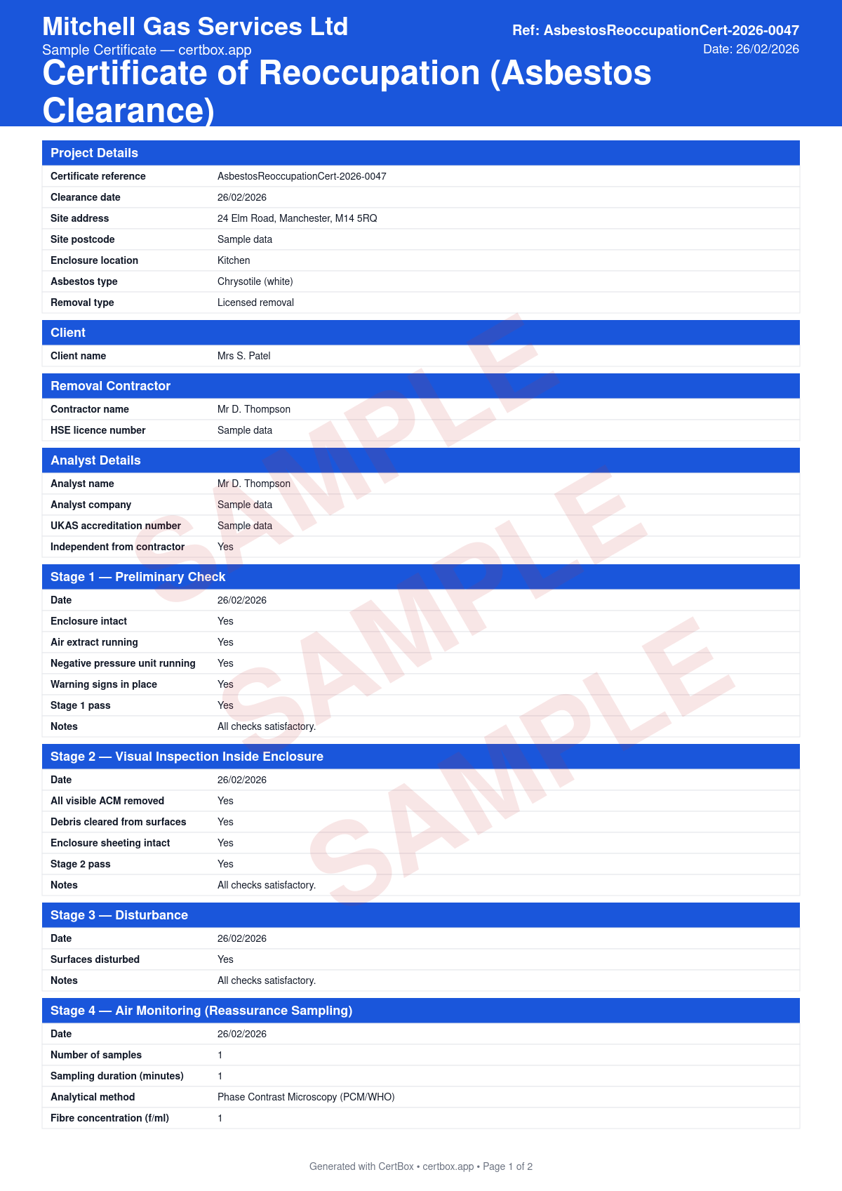 Sample Certificate of Reoccupation certificate created with CertBox, showing the professional PDF layout with 4-stage clearance procedure results, air monitoring and fibre concentration counts, visual inspection of the enclosure