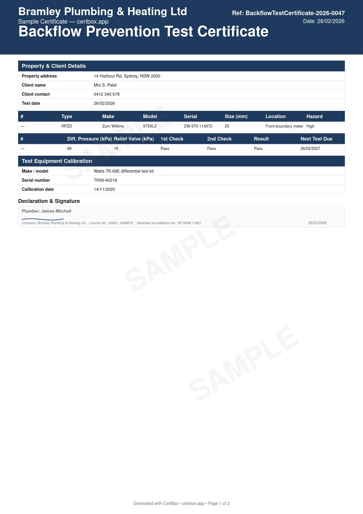 Sample Backflow Prevention Test Certificate certificate created with CertBox, showing the professional PDF layout with property address, client details, and water authority reference, each backflow device: type, make, model, serial number, and location, hazard level classification of the water use