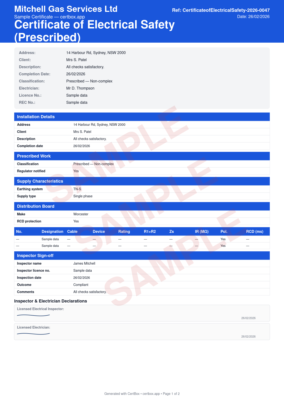 Sample Certificate of Electrical Safety (Prescribed) certificate created with CertBox, showing the professional PDF layout with installation address, client details, and description of prescribed work, prescribed work category and notification/permit number, earthing system, supply characteristics, and distribution board details