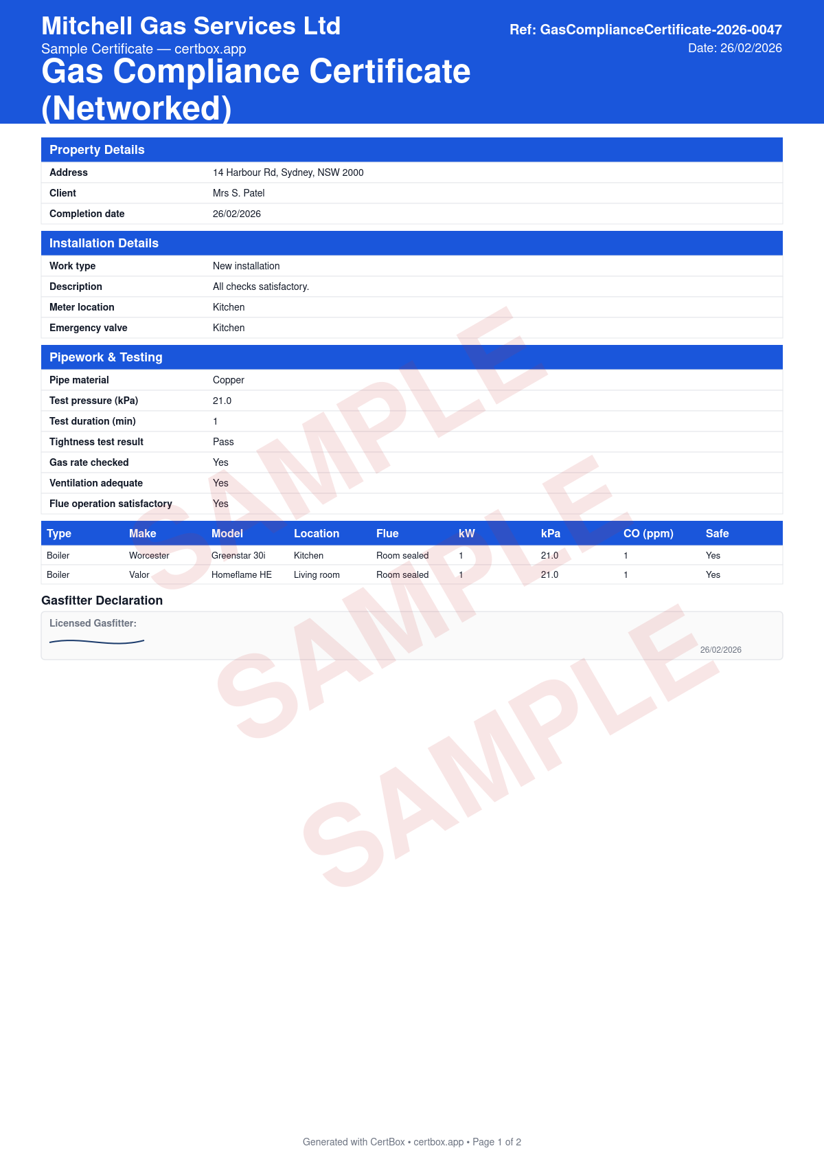 Sample Gas Compliance Certificate (Networked) certificate created with CertBox, showing the professional PDF layout with property address, client details, and type of work, meter number, meter location, and emergency valve location, pipework material and size