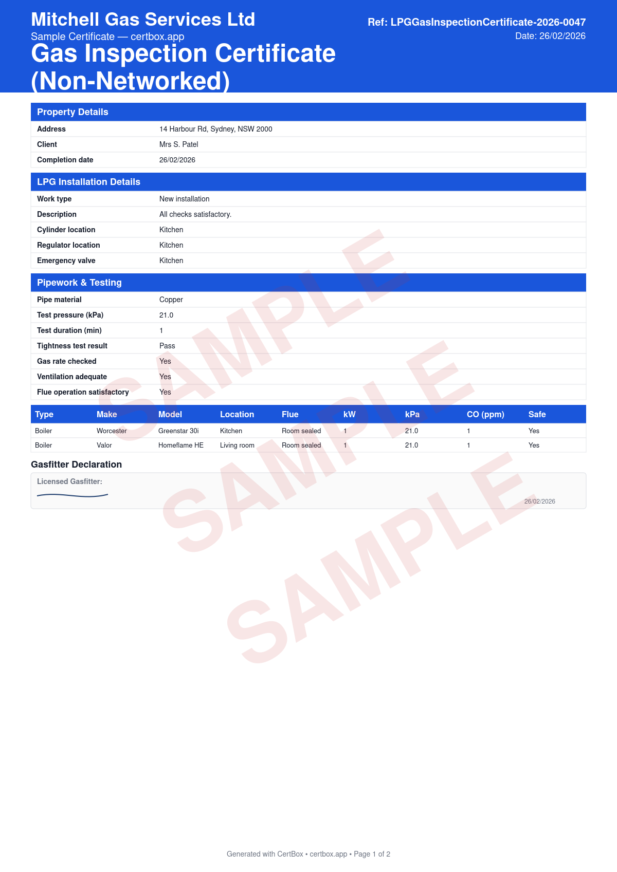 Sample Gas Inspection Certificate (Non-Networked) certificate created with CertBox, showing the professional PDF layout with property address, client details, and type of work, lpg cylinder size and location, regulator type and location, emergency valve location and meter number (if fitted)