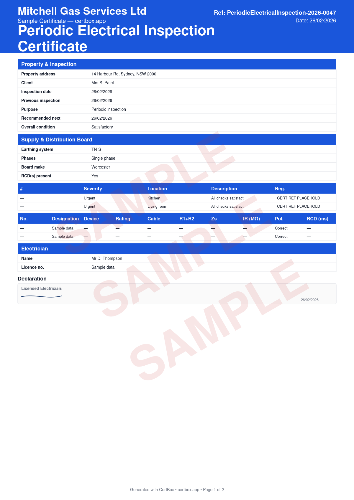 Sample Periodic Electrical Inspection Certificate certificate created with CertBox, showing the professional PDF layout with purpose of inspection and inspection date, earthing system, supply type, voltage, and supply fuse rating, ze at origin and prospective fault current
