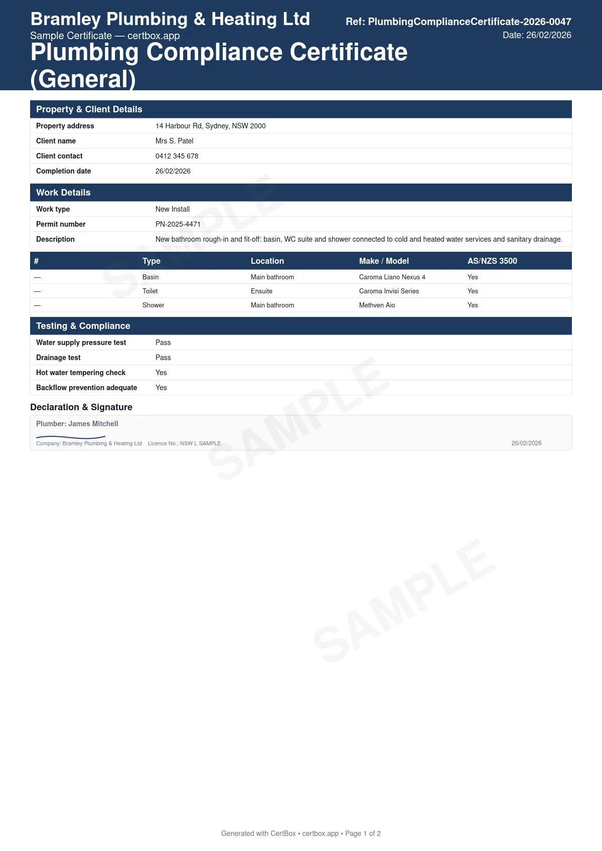 Sample Plumbing Compliance Certificate (General) certificate created with CertBox, showing the professional PDF layout with property address, client details, and description of work, type of work (hot water, cold water, drainage, sanitary plumbing), materials used and test results (pressure test, flow test)