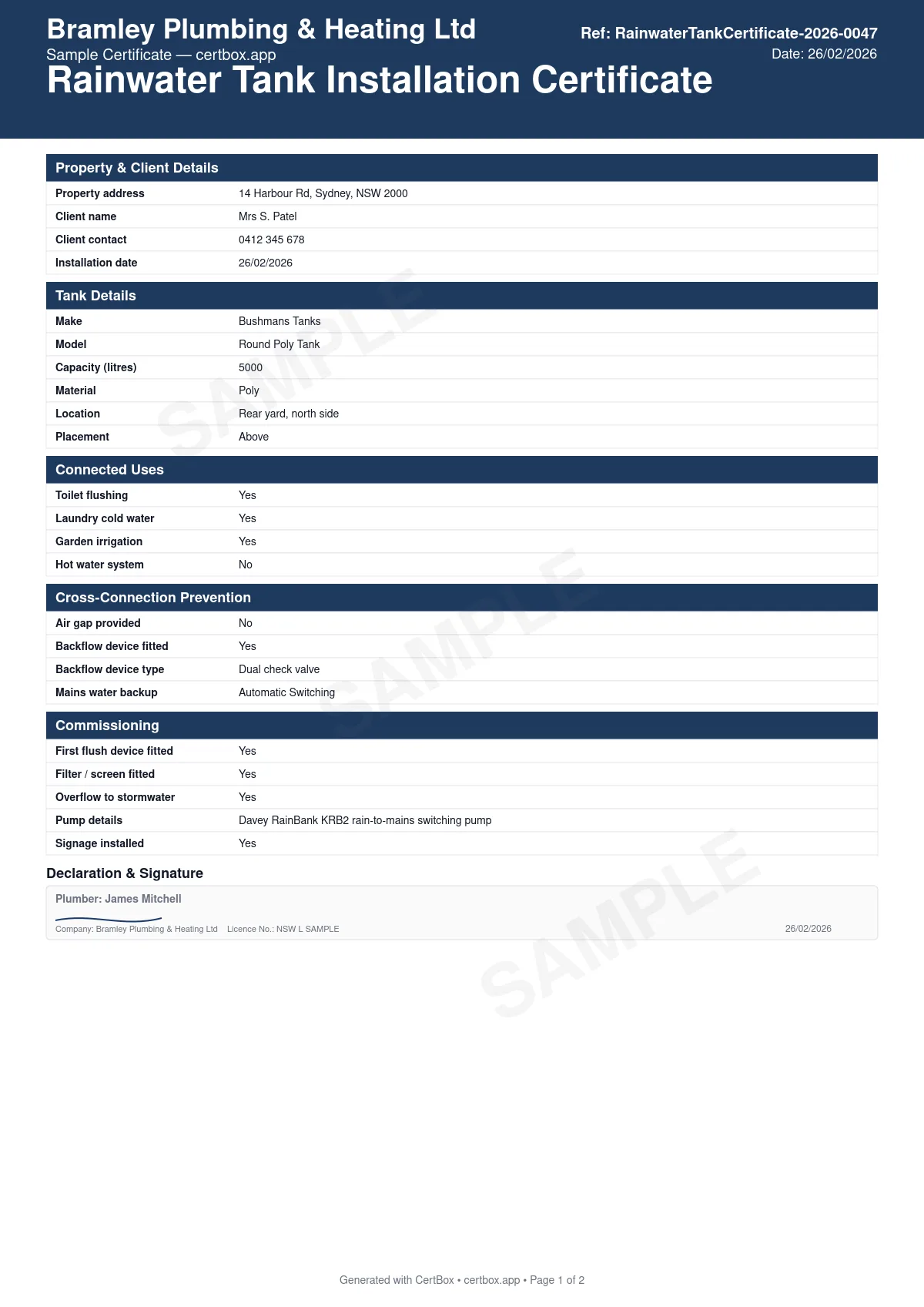 Sample Rainwater Tank Installation Certificate certificate created with CertBox, showing the professional PDF layout with property address, client details, and installation date, tank make, model, material, and capacity (litres), pump make, model, and type