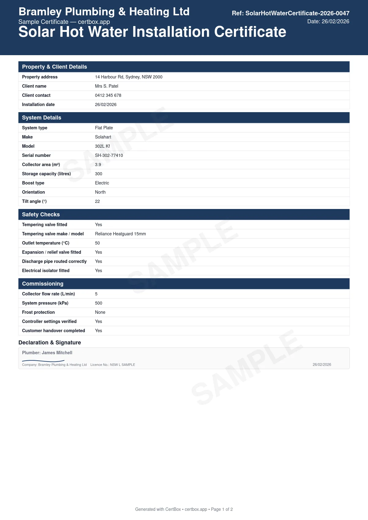 Sample Solar Hot Water Installation Certificate certificate created with CertBox, showing the professional PDF layout with property address, client details, and installation date, solar collector make, model, type (flat plate / evacuated tube), and number of panels, storage cylinder make, model, capacity (litres), and location