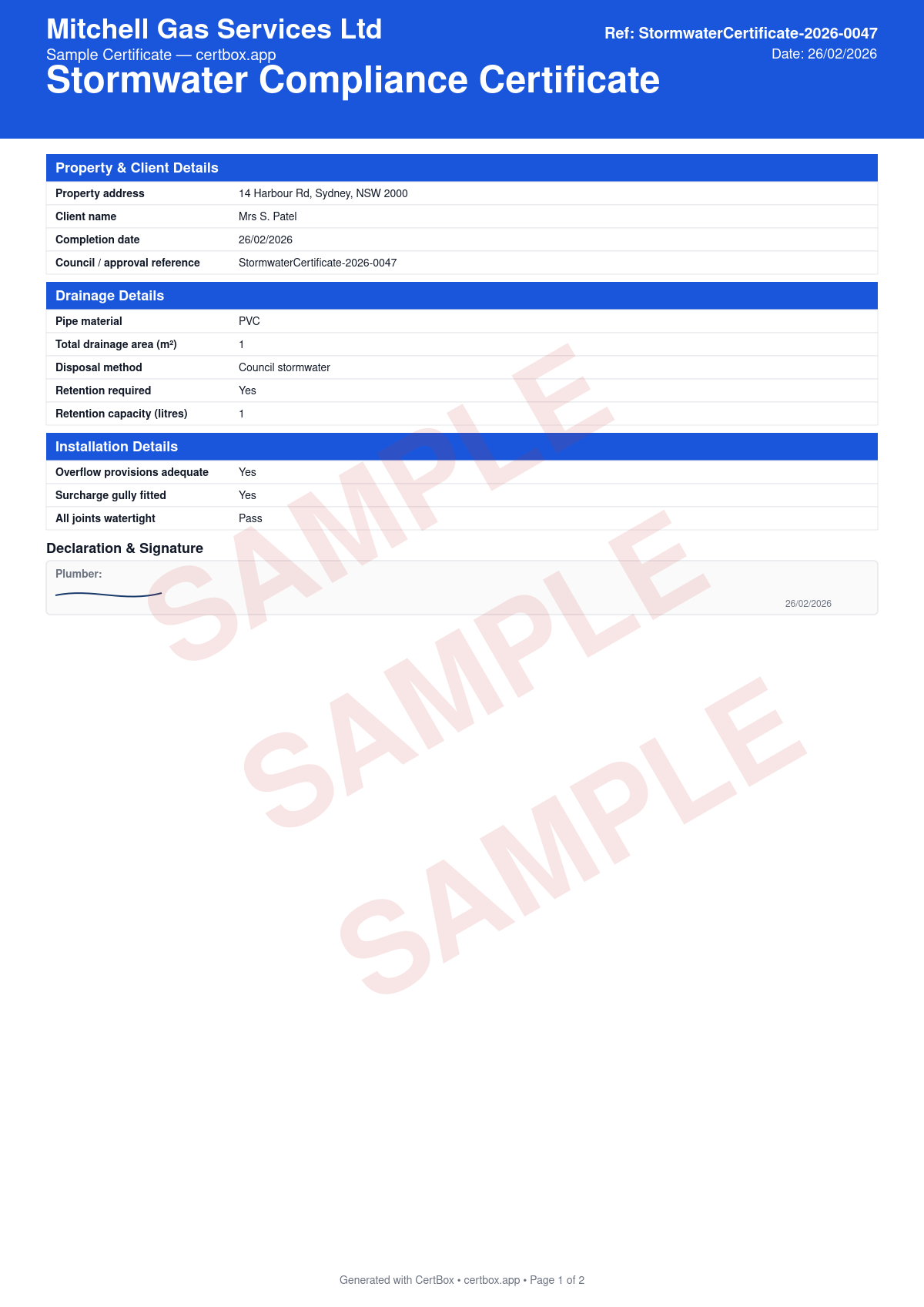 Sample Stormwater Compliance Certificate certificate created with CertBox, showing the professional PDF layout with property address, client details, and council/approval reference, description of stormwater works undertaken, materials used and pipe sizes