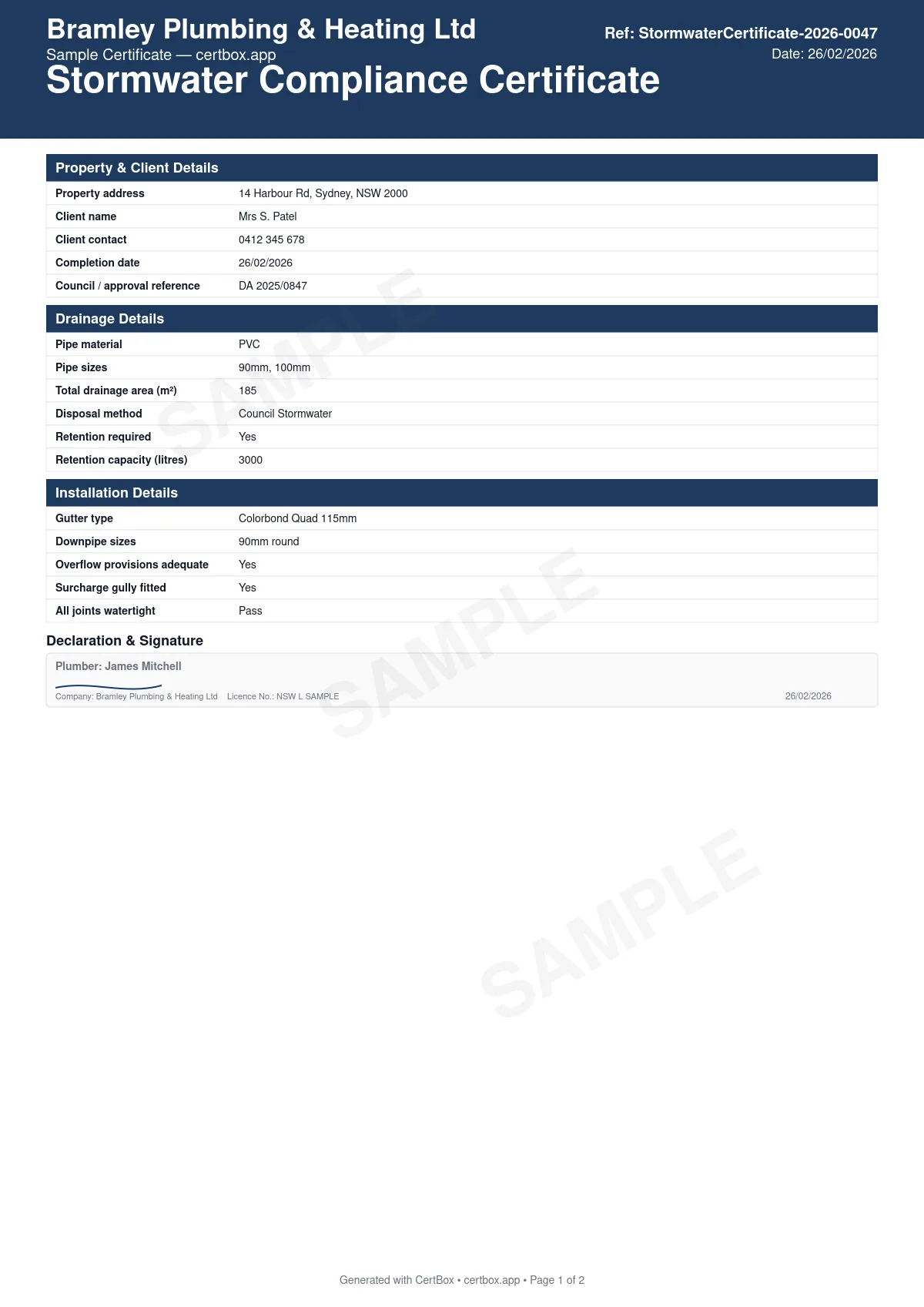 Sample Stormwater Compliance Certificate certificate created with CertBox, showing the professional PDF layout with property address, client details, and council/approval reference, description of stormwater works undertaken, materials used and pipe sizes
