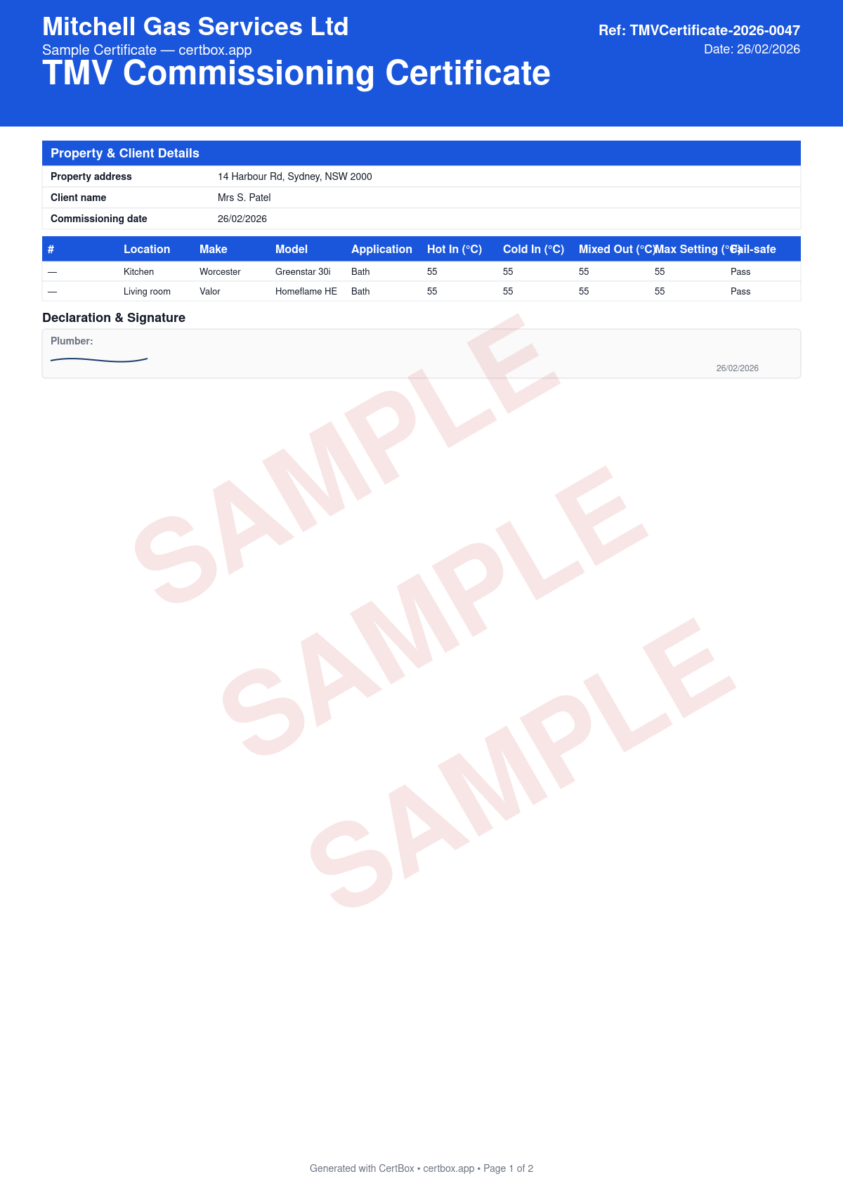 Sample TMV Commissioning Certificate certificate created with CertBox, showing the professional PDF layout with property address, client details, and tmv location, each tmv: make, model, serial number, and type, set temperature and temperature range tolerance