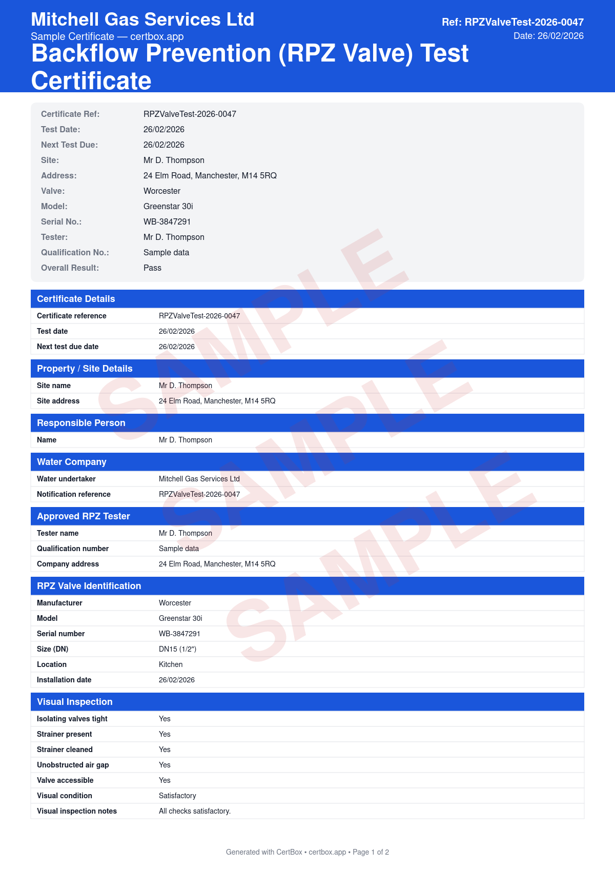Sample Backflow Prevention (RPZ Valve) Test Certificate certificate created with CertBox, showing the professional PDF layout with rpz valve identification and location, check valve 1 differential pressure test, relief valve opening point test