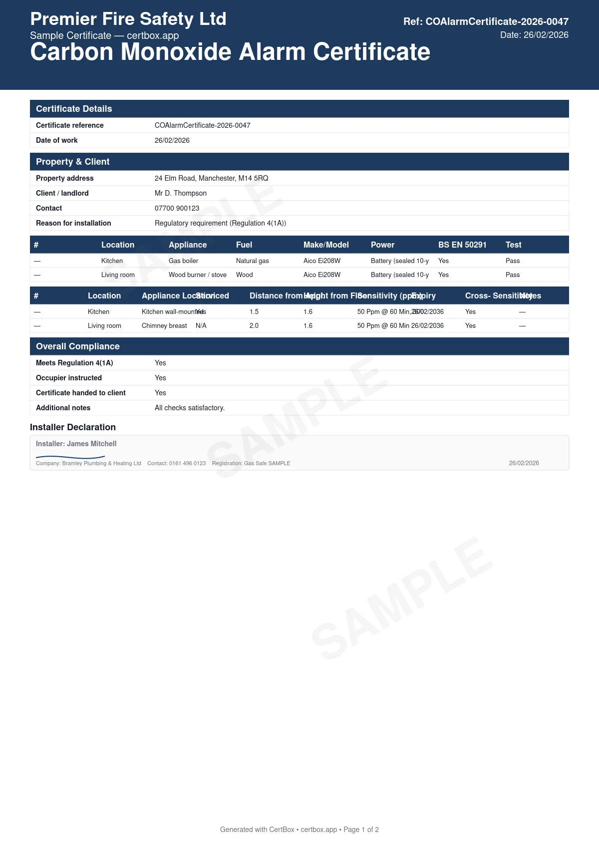 Sample Carbon Monoxide Alarm Certificate certificate created with CertBox, showing the professional PDF layout with co alarm locations and proximity to combustion appliances, alarm make, model, and expiry date, test results for each alarm