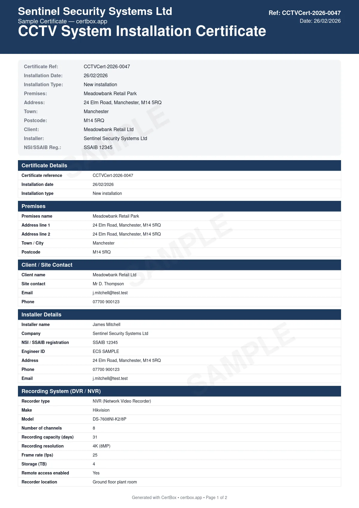 Sample CCTV System Installation Certificate certificate created with CertBox, showing the professional PDF layout with camera types, locations, and fields of view, recording system and storage capacity, image quality and retention period