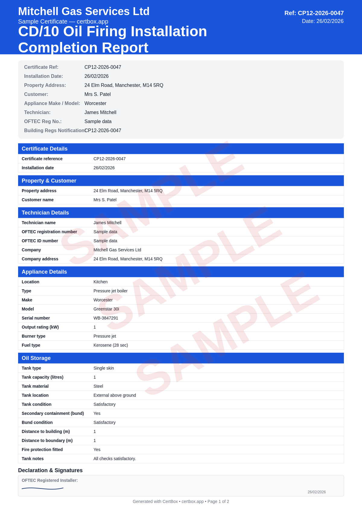 Sample CD/10 Oil Firing Installation Completion Report certificate created with CertBox, showing the professional PDF layout with oil appliance specification and commissioning readings, oil storage tank compliance (type, capacity, containment), oil supply pipework, filter, and fire valve