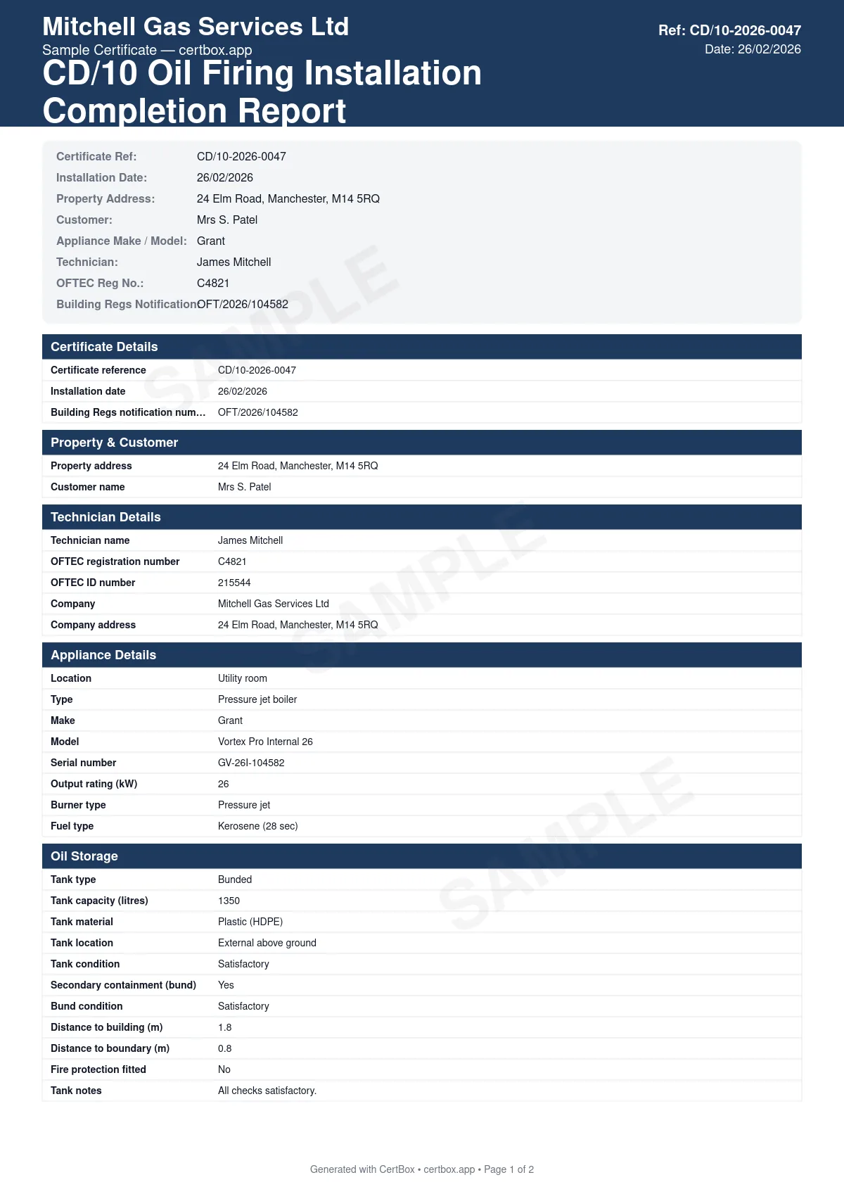 Sample CD/10 Oil Firing Installation Completion Report certificate created with CertBox, showing the professional PDF layout with oil appliance specification and commissioning readings, oil storage tank compliance (type, capacity, containment), oil supply pipework, filter, and fire valve