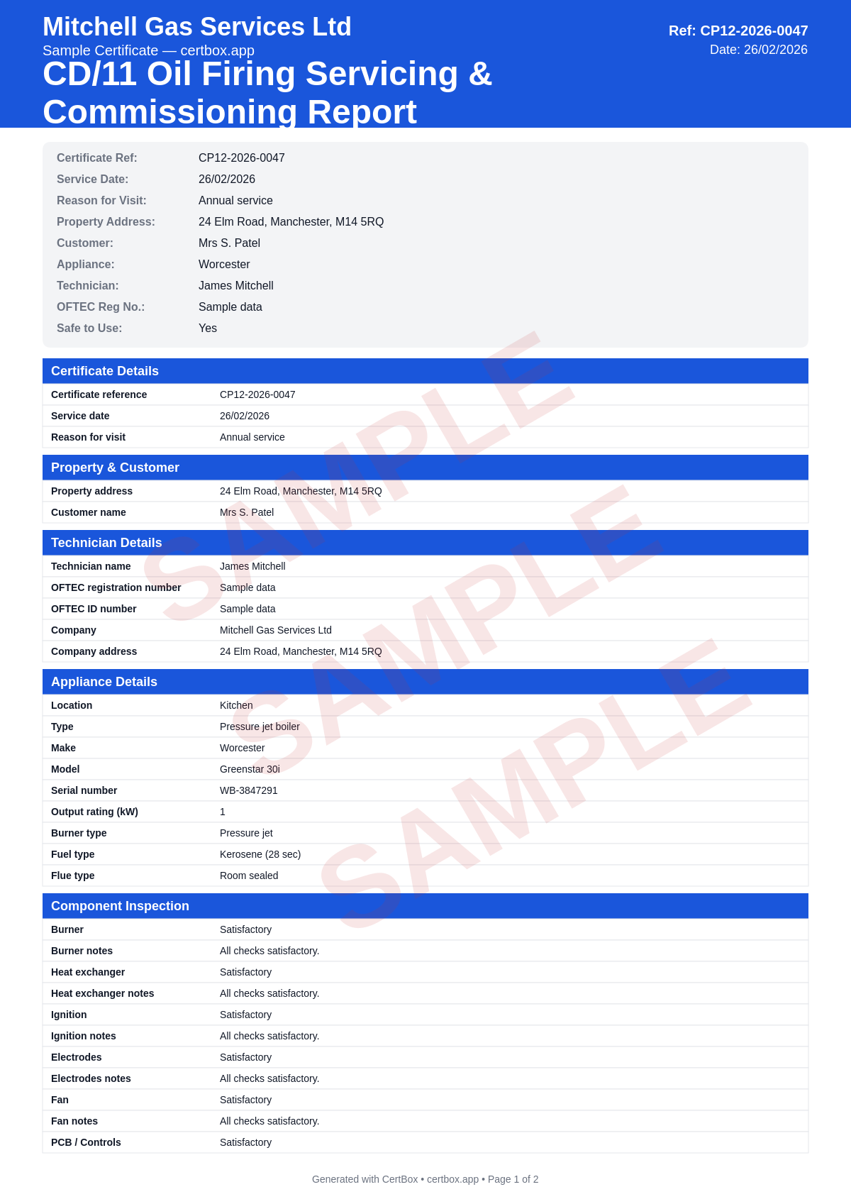 Sample CD/11 Oil Firing Servicing & Commissioning Report certificate created with CertBox, showing the professional PDF layout with burner strip-down, cleaning, and nozzle check, combustion analysis (smoke number, co, co2, flue temperature), oil supply line, filter, and fire valve inspection