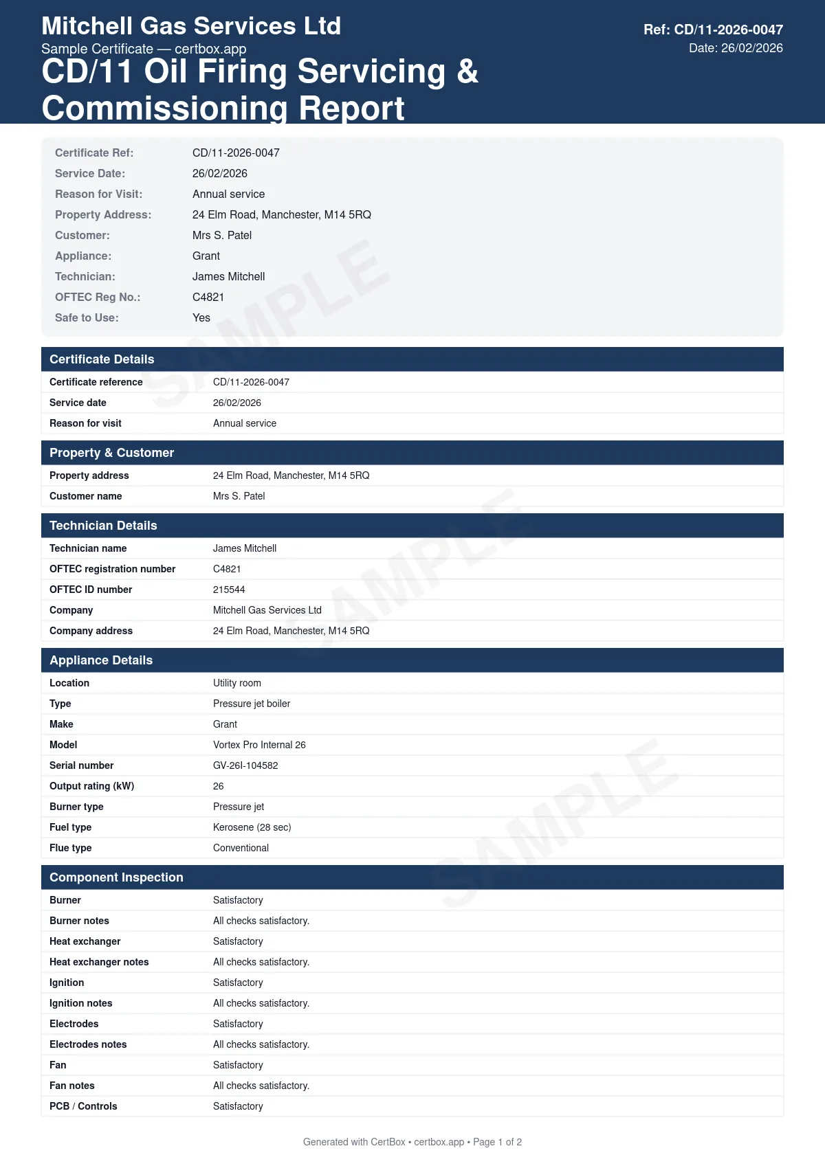 Sample CD/11 Oil Firing Servicing & Commissioning Report certificate created with CertBox, showing the professional PDF layout with burner strip-down, cleaning, and nozzle check, combustion analysis (smoke number, co, co2, flue temperature), oil supply line, filter, and fire valve inspection
