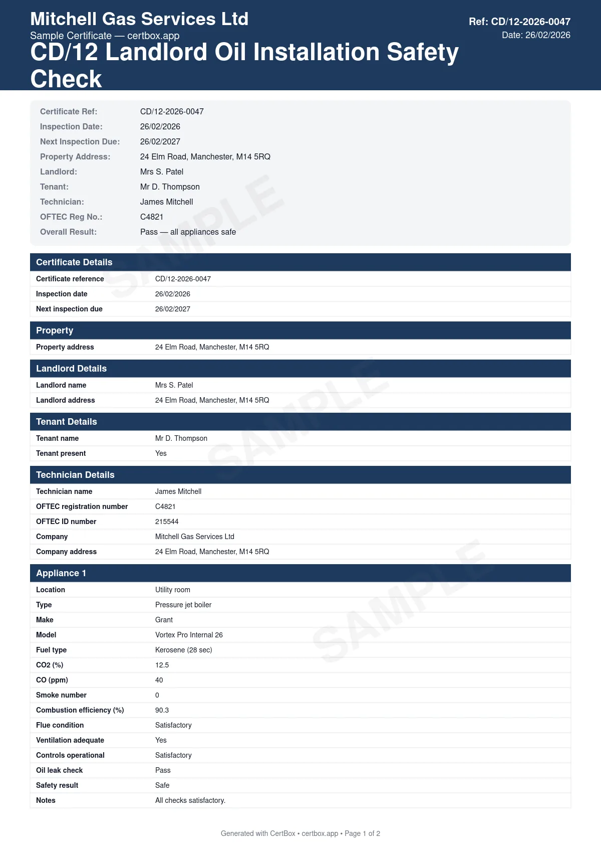 Sample CD/12 Landlord Oil Installation Safety Check certificate created with CertBox, showing the professional PDF layout with safety check of each oil-fired appliance at the property, oil storage tank condition and containment, oil supply line and fire valve inspection