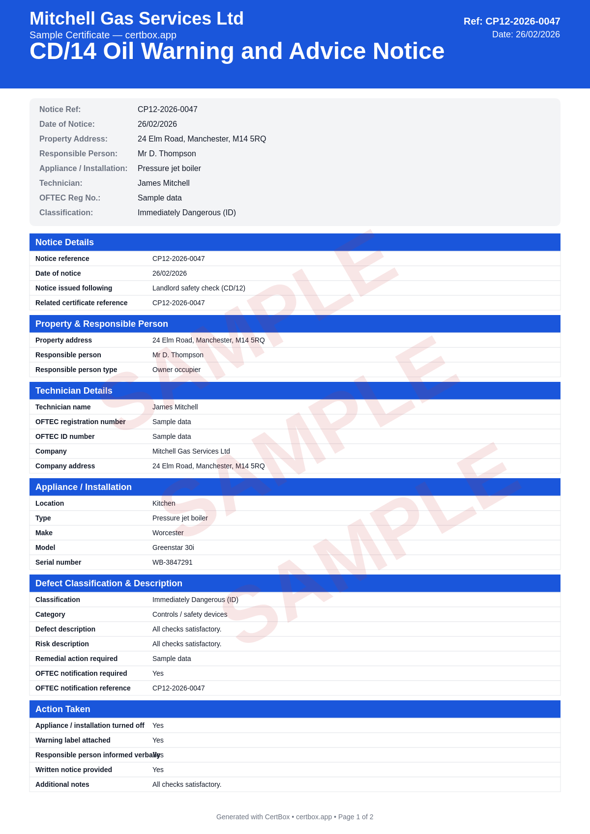 Sample CD/14 Oil Warning and Advice Notice certificate created with CertBox, showing the professional PDF layout with defect classification (id, ar, or ncs), detailed description of the defect and risk, action taken (appliance turned off, disconnected, or left with advice)