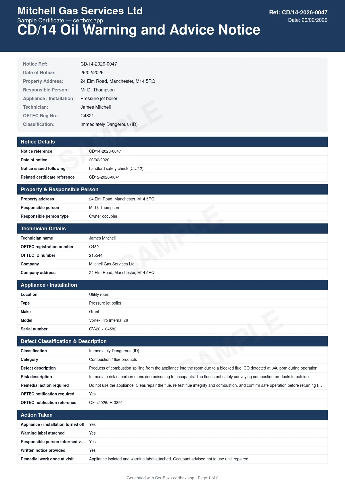Sample CD/14 Oil Warning and Advice Notice certificate created with CertBox, showing the professional PDF layout with defect classification (id or ar), detailed description of the defect and risk, action taken (appliance turned off, disconnected, or left with advice)