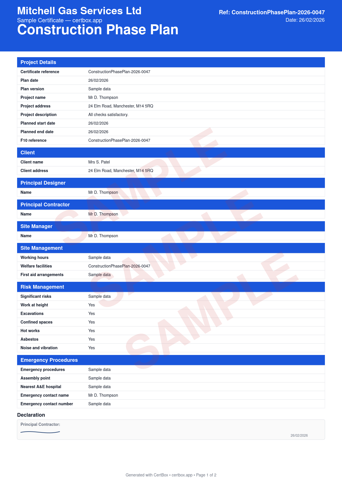 Sample Construction Phase Plan certificate created with CertBox, showing the professional PDF layout with site management arrangements, risk assessments and method statements, emergency procedures