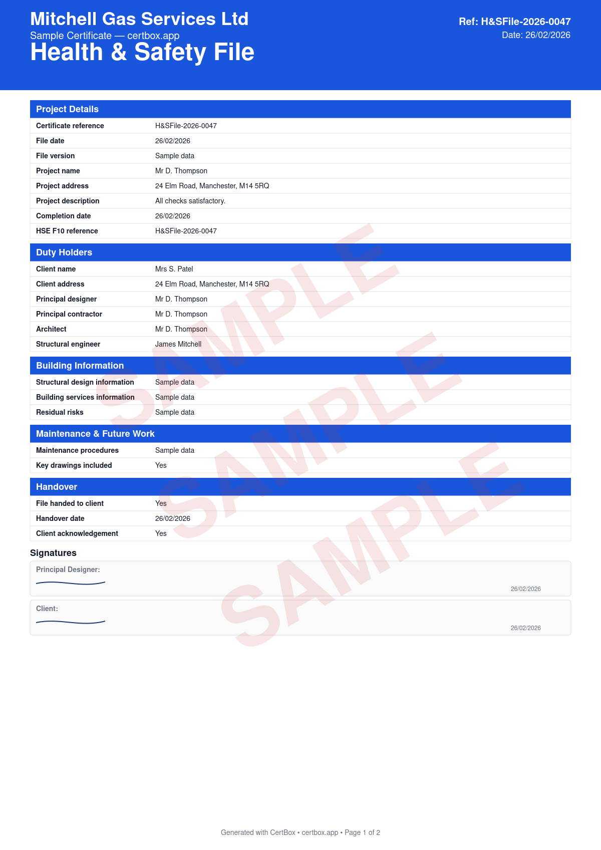 Sample Health & Safety File certificate created with CertBox, showing the professional PDF layout with as-built drawings, details of hidden services and structures, hazardous materials information