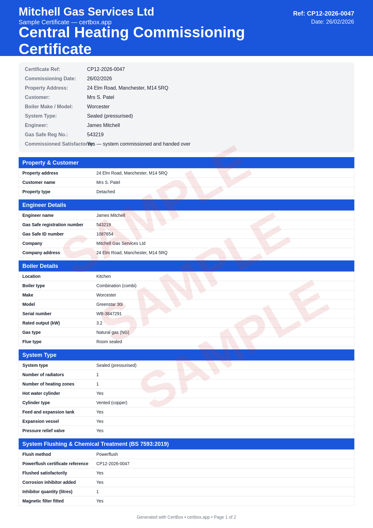 Sample Central Heating Commissioning Certificate certificate created with CertBox, showing the professional PDF layout with system type and specification (sealed, open, combi), radiator check (flow temperatures, trvs), system flush method and water quality readings