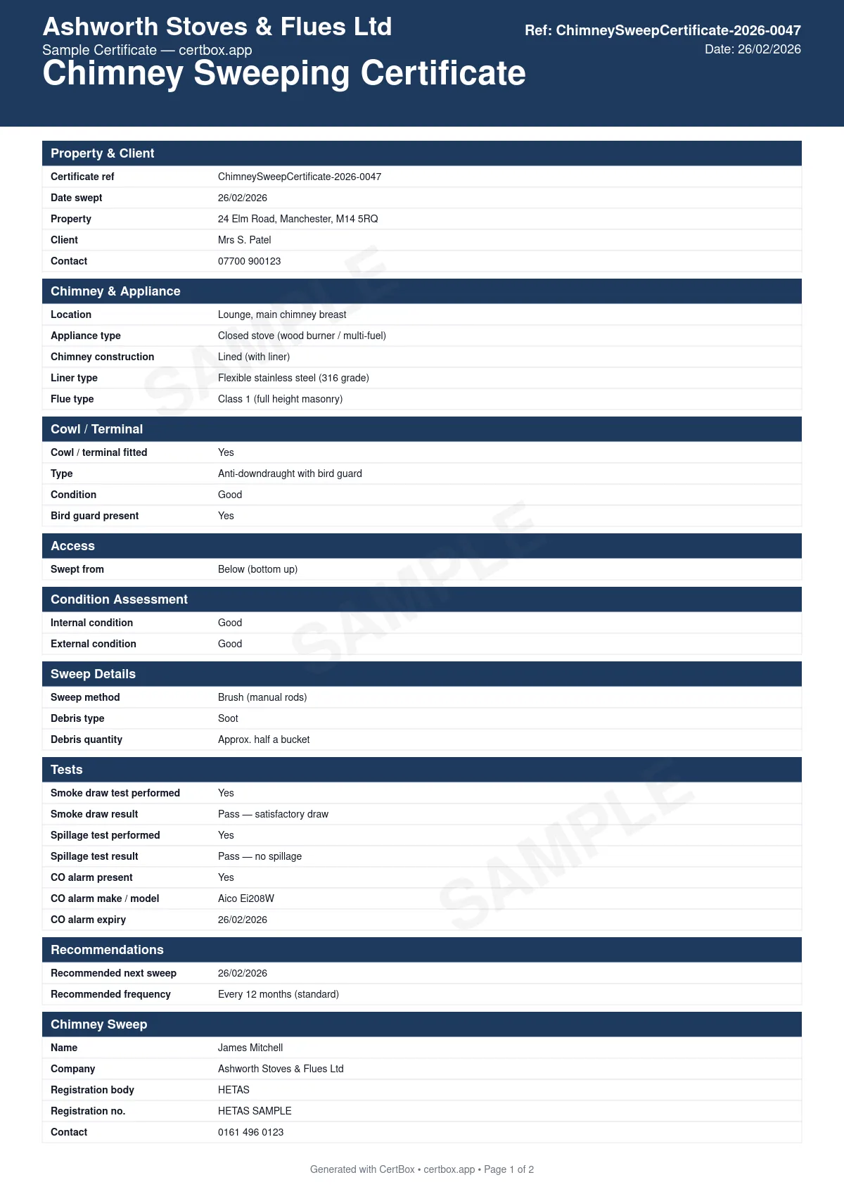 Sample Chimney Sweeping Certificate certificate created with CertBox, showing the professional PDF layout with chimney identification and type, sweeping method and outcome, flue condition assessment