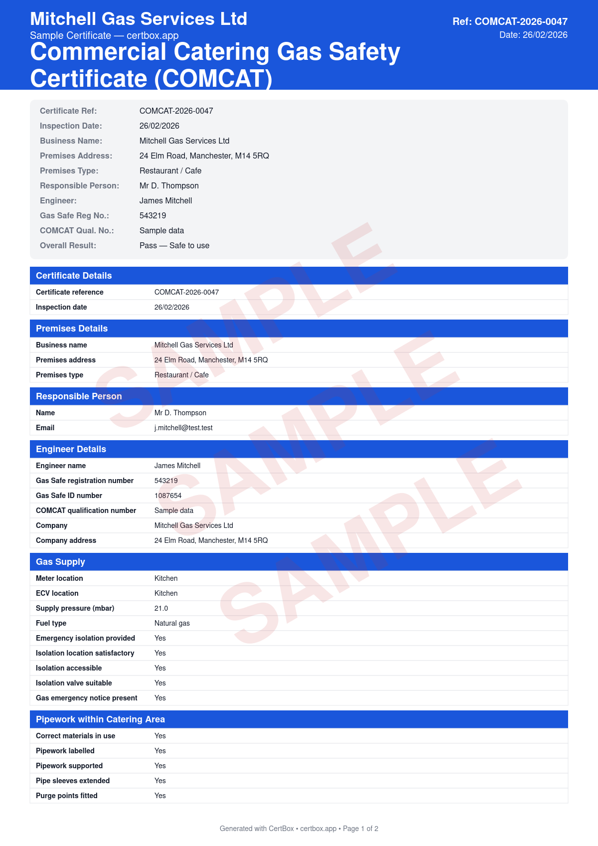 Sample Commercial Catering Gas Safety Certificate (CP42 / COMCAT) certificate created with CertBox, showing the professional PDF layout with commercial gas appliance identification, gas interlock system testing, ventilation and extraction verification