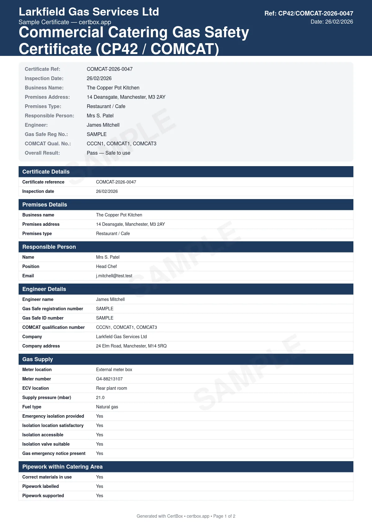 Sample Commercial Catering Gas Safety Certificate (CP42 / COMCAT) certificate created with CertBox, showing the professional PDF layout with commercial gas appliance identification, gas interlock system testing, ventilation and extraction verification