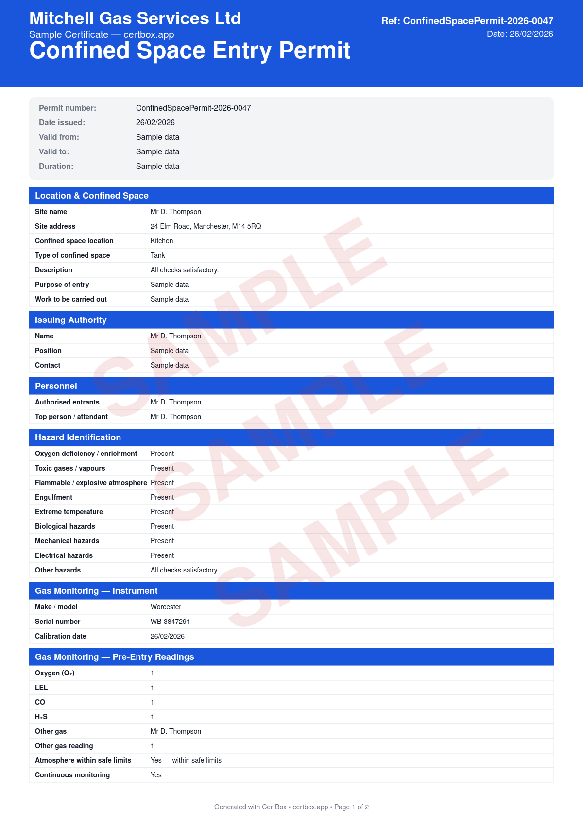 Sample Confined Space Entry Permit certificate created with CertBox, showing the professional PDF layout with confined space identification and hazards, atmospheric gas testing (o2, lel, co, h2s), ventilation arrangements