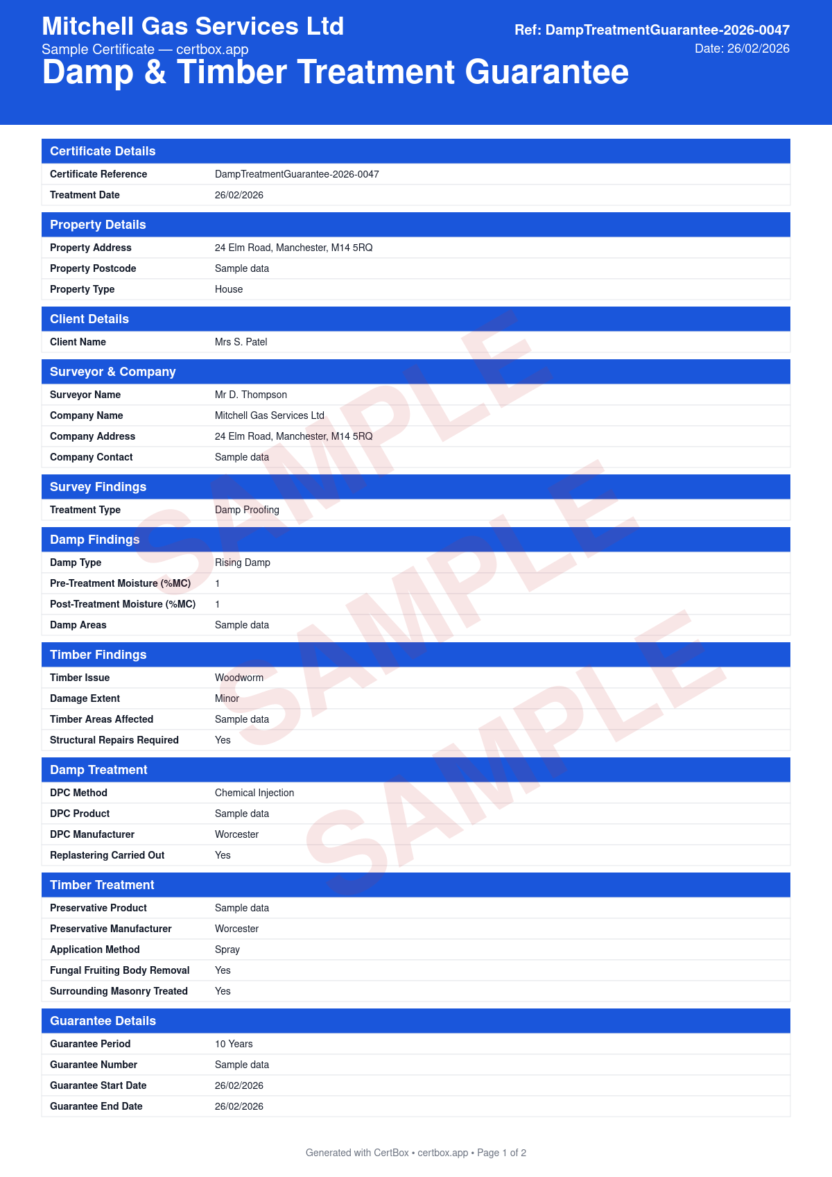 Sample Damp & Timber Treatment Guarantee certificate created with CertBox, showing the professional PDF layout with survey findings and moisture readings, treatment type (dpc, timber preservative, dry rot eradication), products and methods used