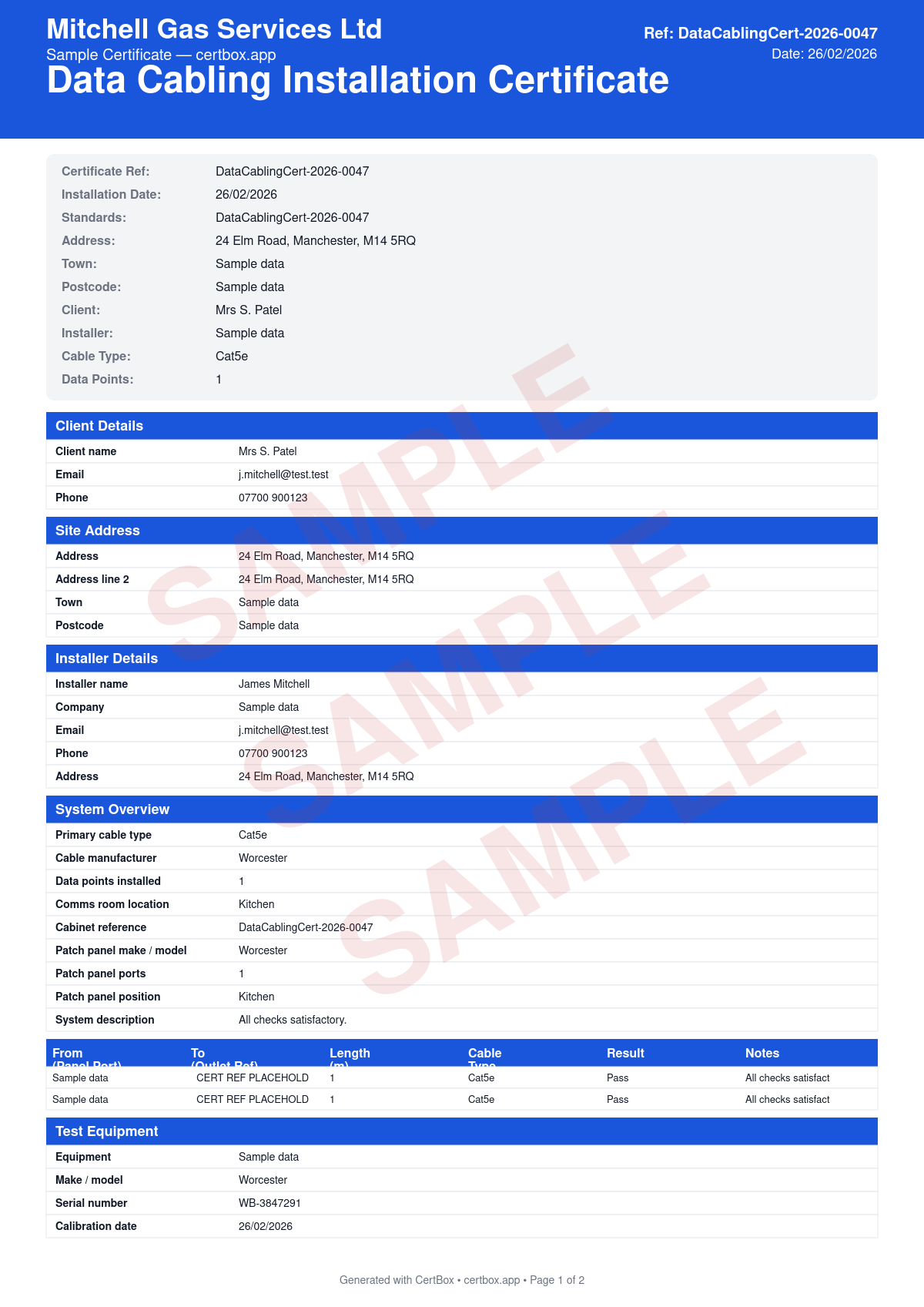 Sample Data Cabling Installation Certificate certificate created with CertBox, showing the professional PDF layout with cable type and category, number of links installed and tested, channel/permanent link test results