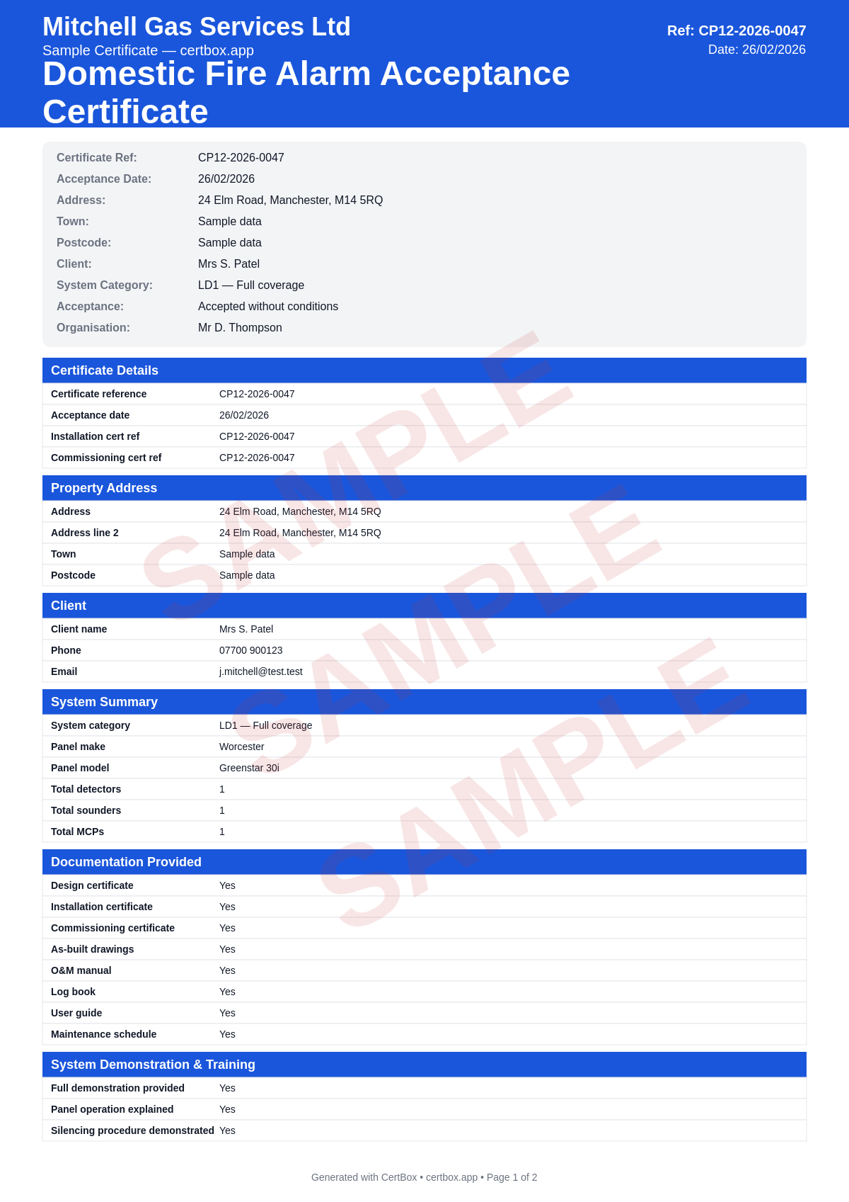 Sample BS 5839-6 Domestic Fire Alarm Acceptance Certificate (Grade A) certificate created with CertBox, showing the professional PDF layout with documentation provided checklist, system demonstration confirmation, user training on operation and testing