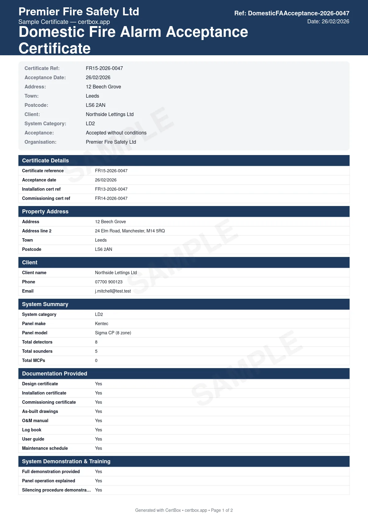 Sample BS 5839-6 Domestic Fire Alarm Acceptance Certificate (Grade A) certificate created with CertBox, showing the professional PDF layout with documentation provided checklist, system demonstration confirmation, user training on operation and testing