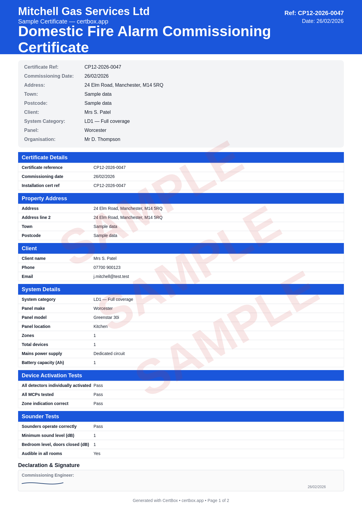 Sample BS 5839-6 Domestic Fire Alarm Commissioning Certificate (Grade A) certificate created with CertBox, showing the professional PDF layout with individual detector activation, sounder db measurements per room, 72-hour standby + 4-minute alarm test