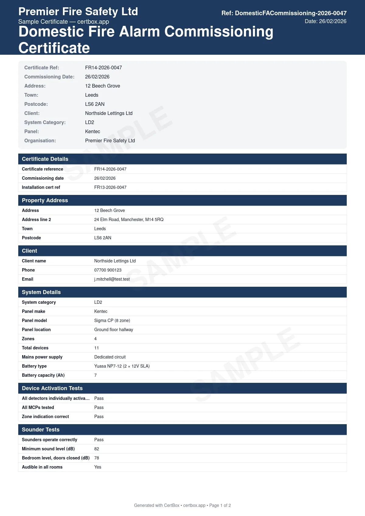 Sample BS 5839-6 Domestic Fire Alarm Commissioning Certificate (Grade A) certificate created with CertBox, showing the professional PDF layout with individual detector activation, sounder db measurements per room, 72-hour standby + 30-minute alarm test