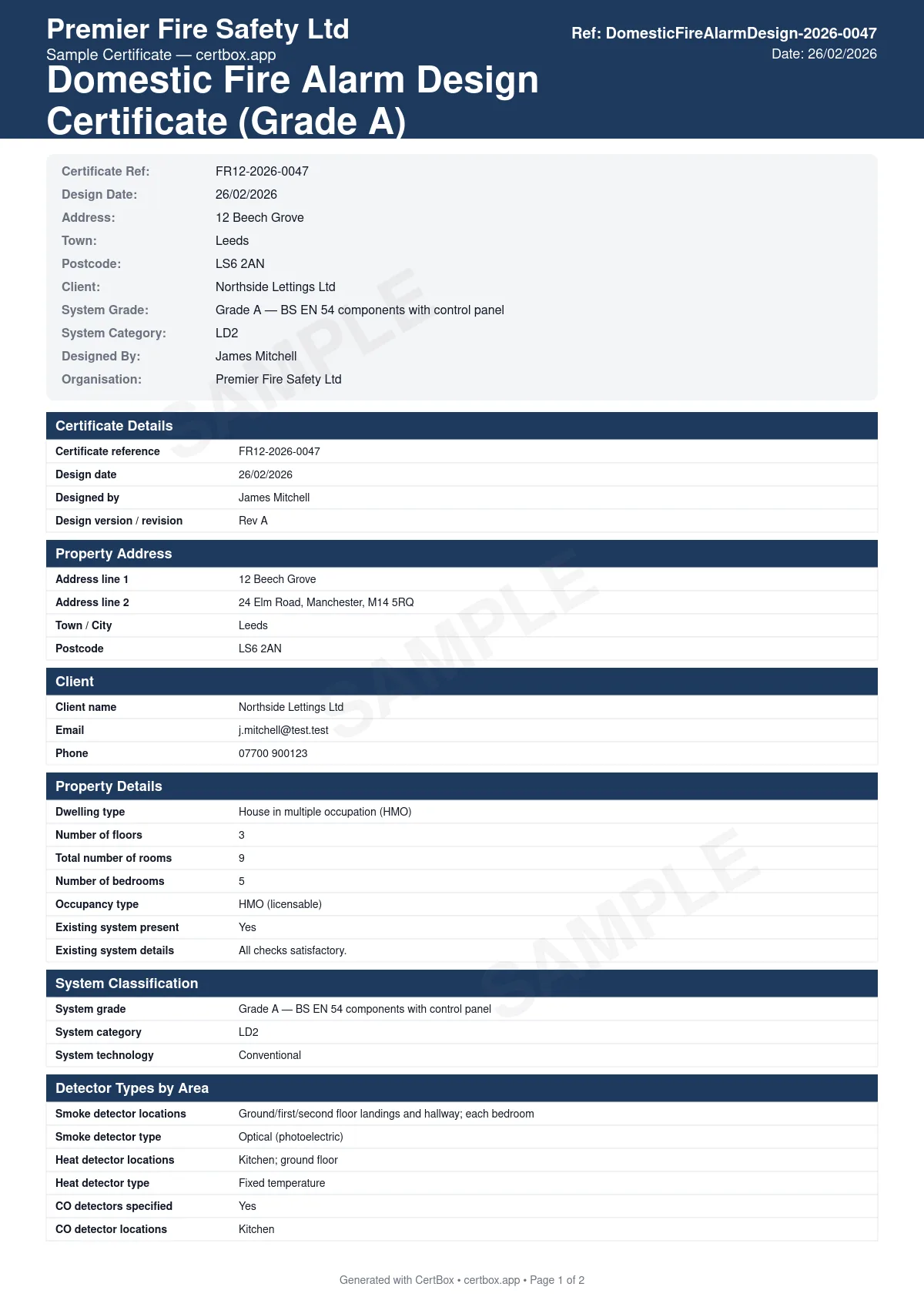 Sample BS 5839-6 Domestic Fire Alarm Design Certificate (Grade A) certificate created with CertBox, showing the professional PDF layout with system grade and category selection, detector types and placement per room, sounder/alarm device locations