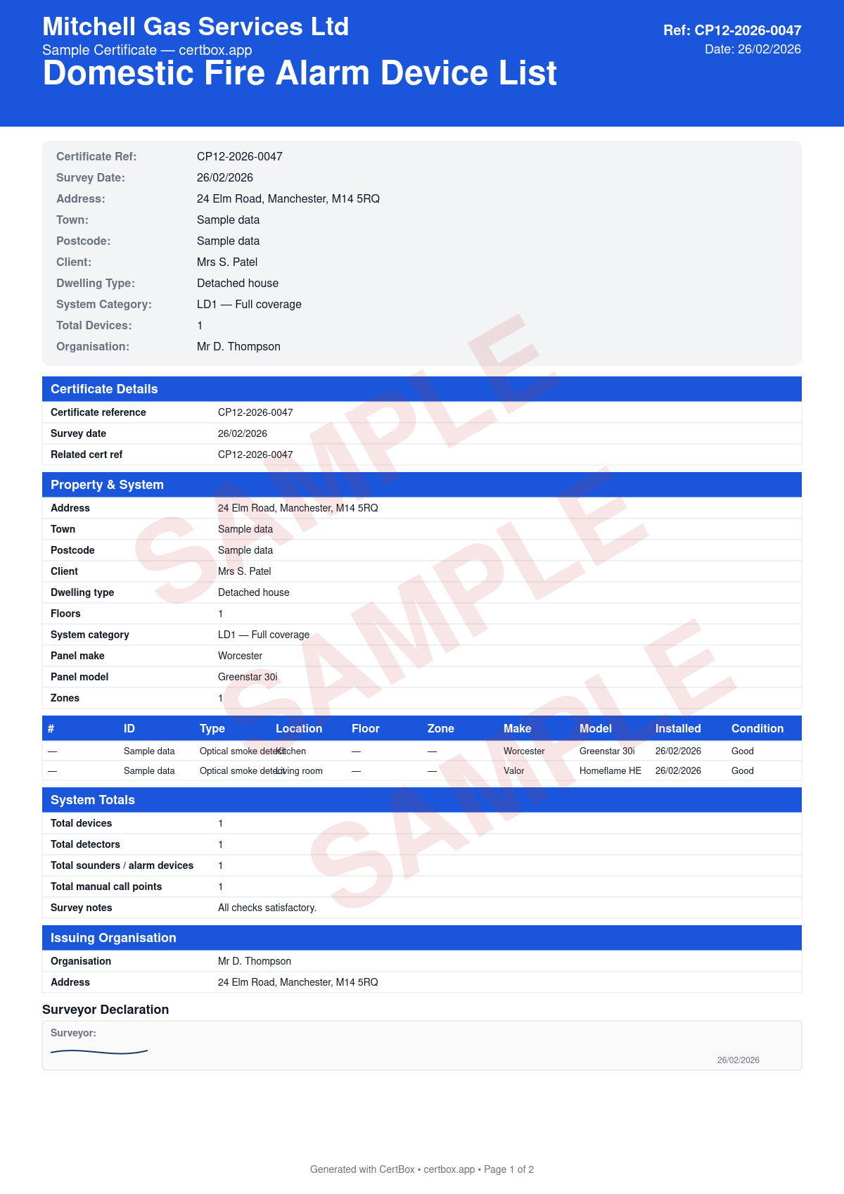 Sample BS 5839-6 Domestic Fire Alarm Device List (Grade A) certificate created with CertBox, showing the professional PDF layout with device id and type, location and floor, zone assignment