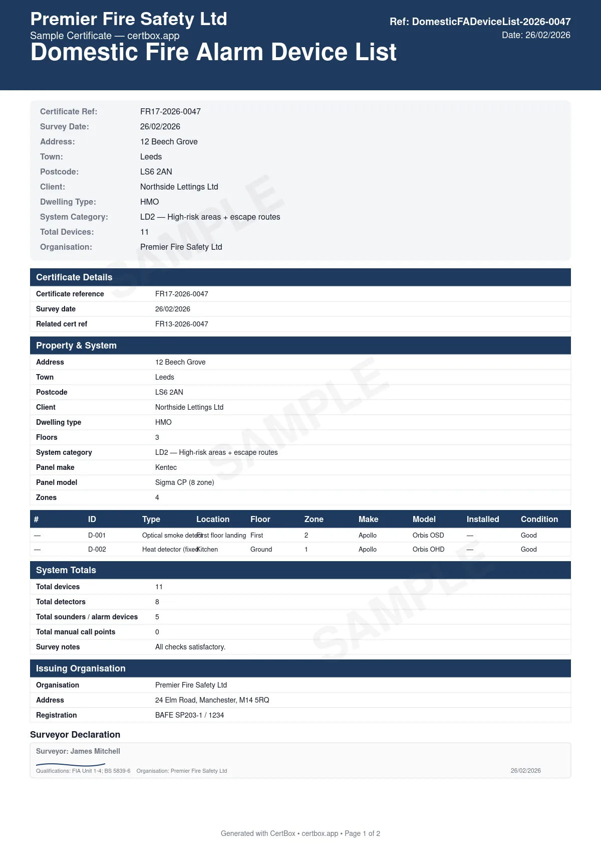 Sample BS 5839-6 Domestic Fire Alarm Device List (Grade A) certificate created with CertBox, showing the professional PDF layout with device id and type, location and floor, zone assignment