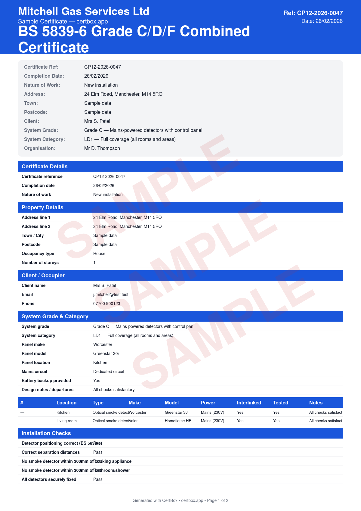 Sample BS 5839-6 Grade C/D/F Combined Certificate certificate created with CertBox, showing the professional PDF layout with system grade (c/d/f) and category, detector schedule with locations, correct positioning per bs 5839-6